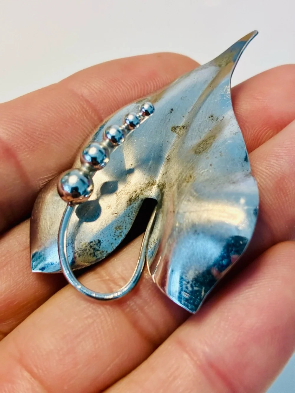 Silver Leaf Brooch with Graduated Spheres